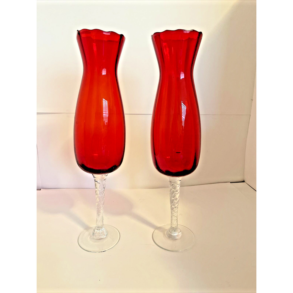 Pair of Vintage Ruby Red Swirl Candle Holder Bud Vase Twisted Stem Japan 14"